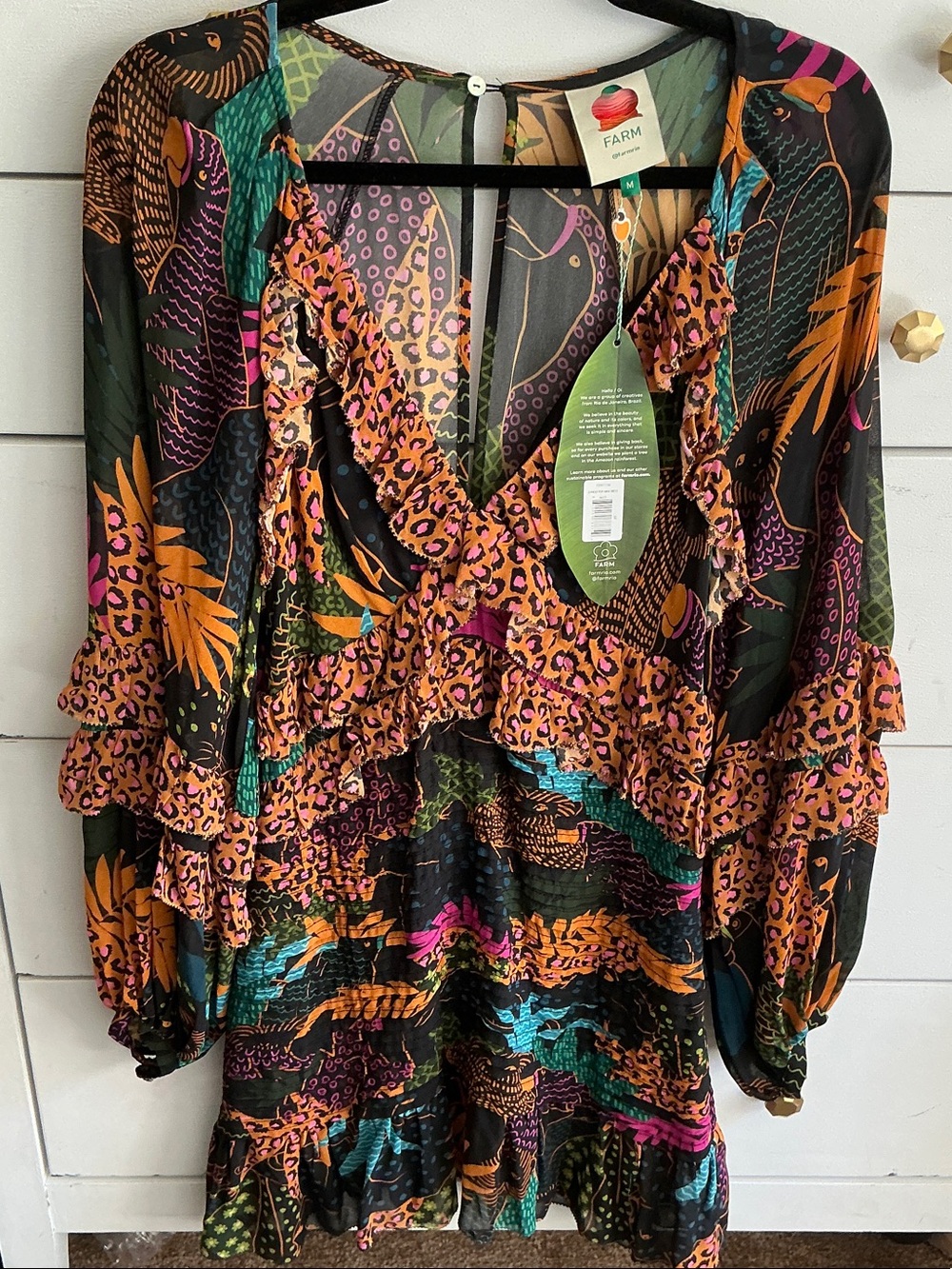 FARM Rio Multicolor Ruffled V-Neck Tunic with Black Base